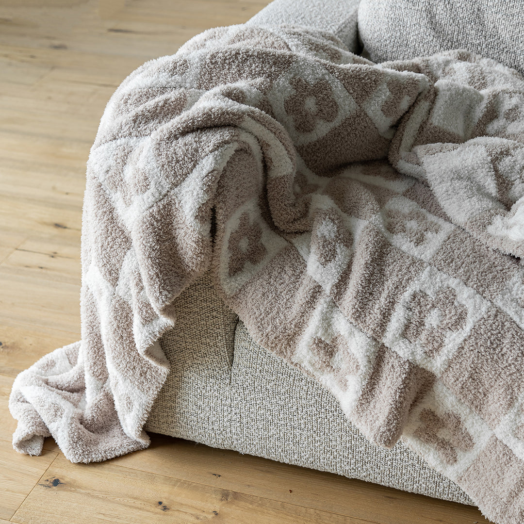 Blushing Beige & White Flower Power Checkerboard Print Extended Throw