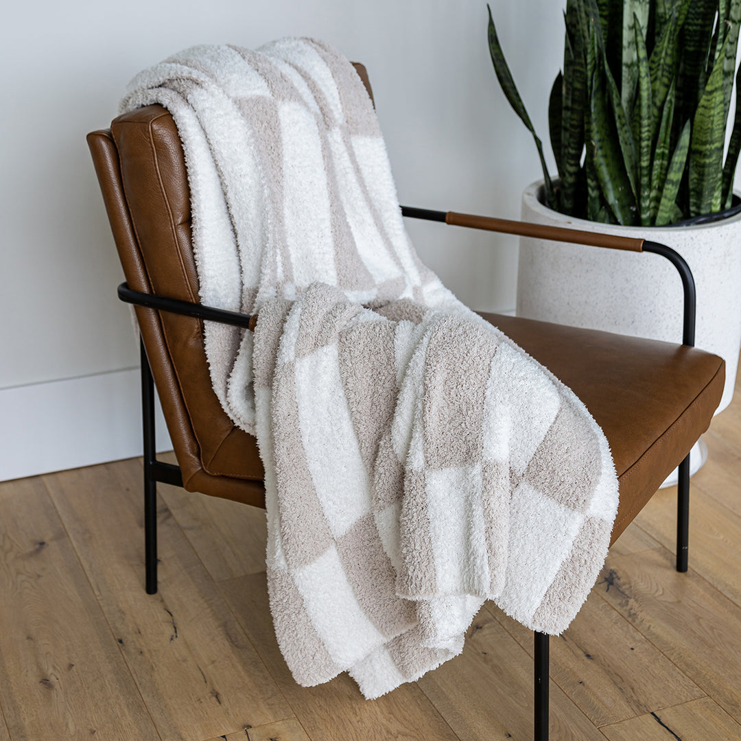 Blushing Beige and White Rectangular Check Print Throw