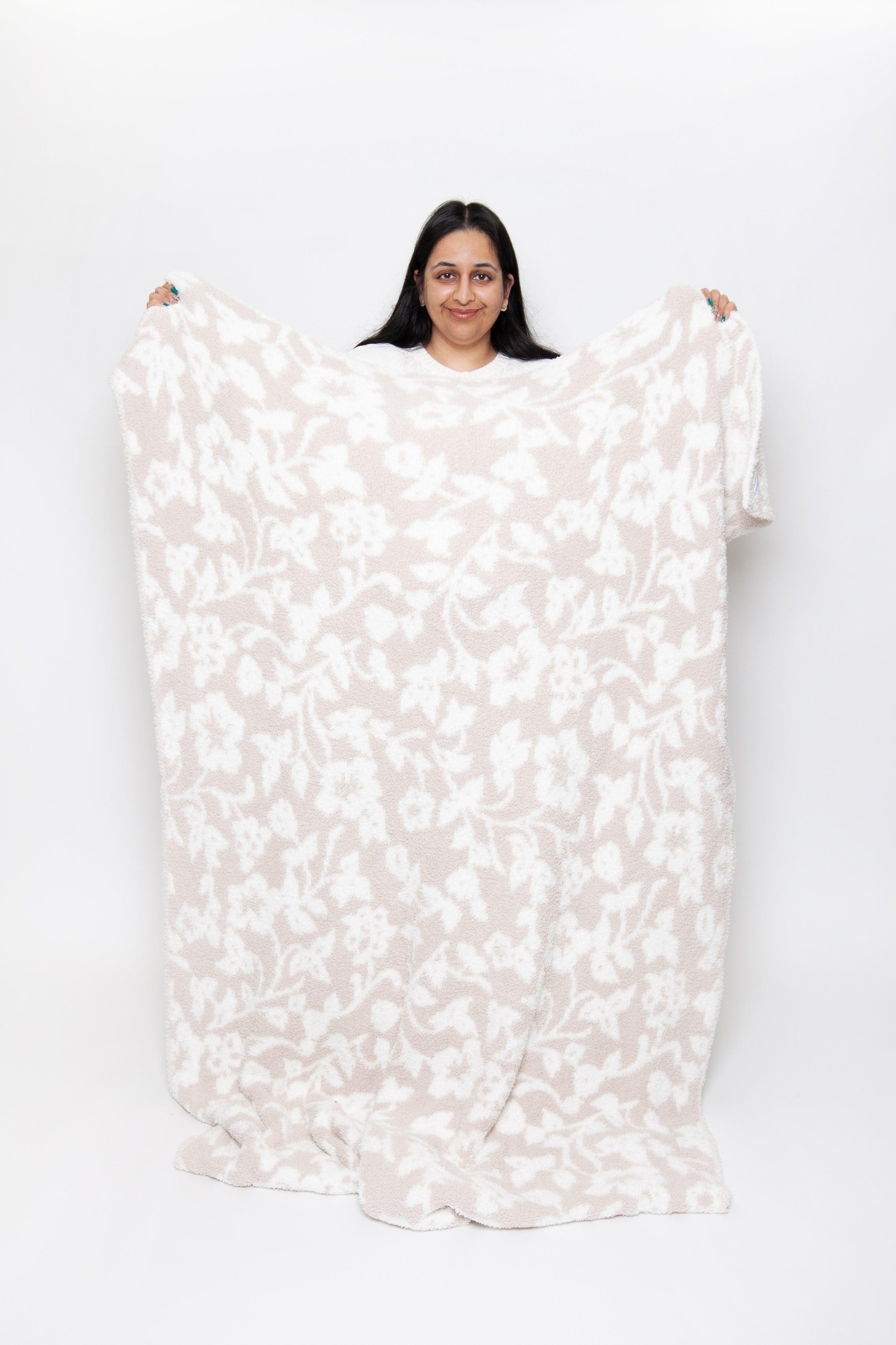 Blushing Beige & White Vintage Floral Print Throw - Sunset Snuggles