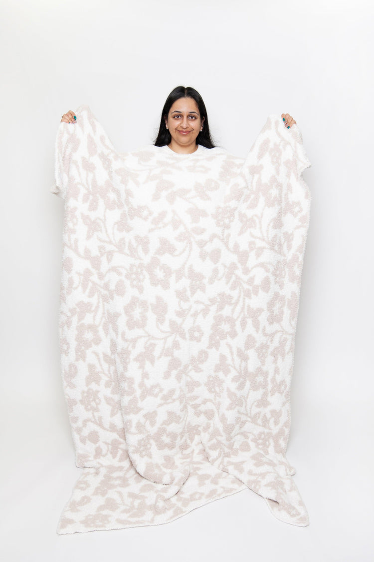 Blushing Beige & White Vintage Floral Print Throw - Sunset Snuggles
