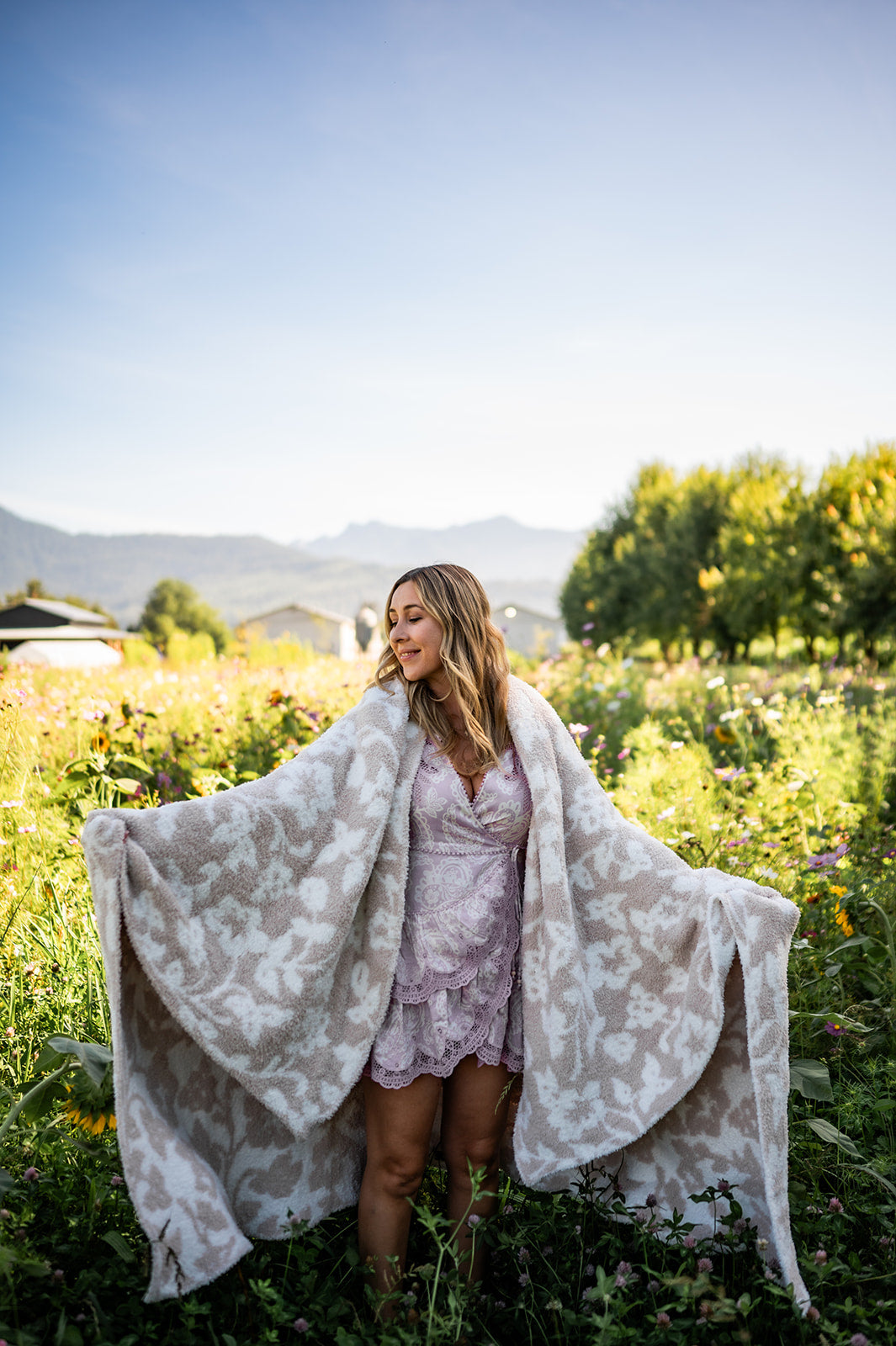 Blushing Beige White Vintage Floral Print Extended Throw Sunset Snuggles
