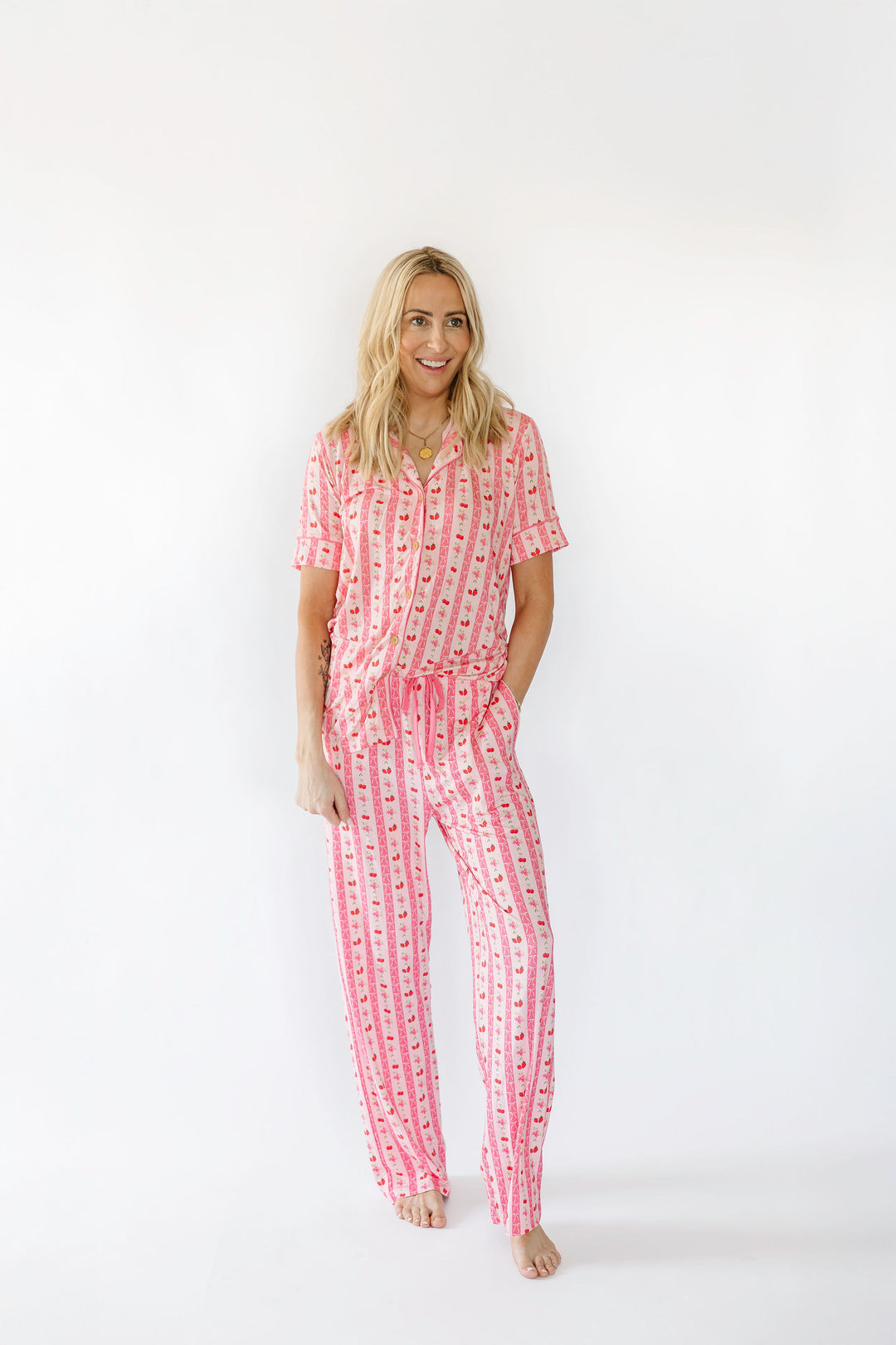 Pink Strawberry & Cherry Bows Adult Pajama Pants