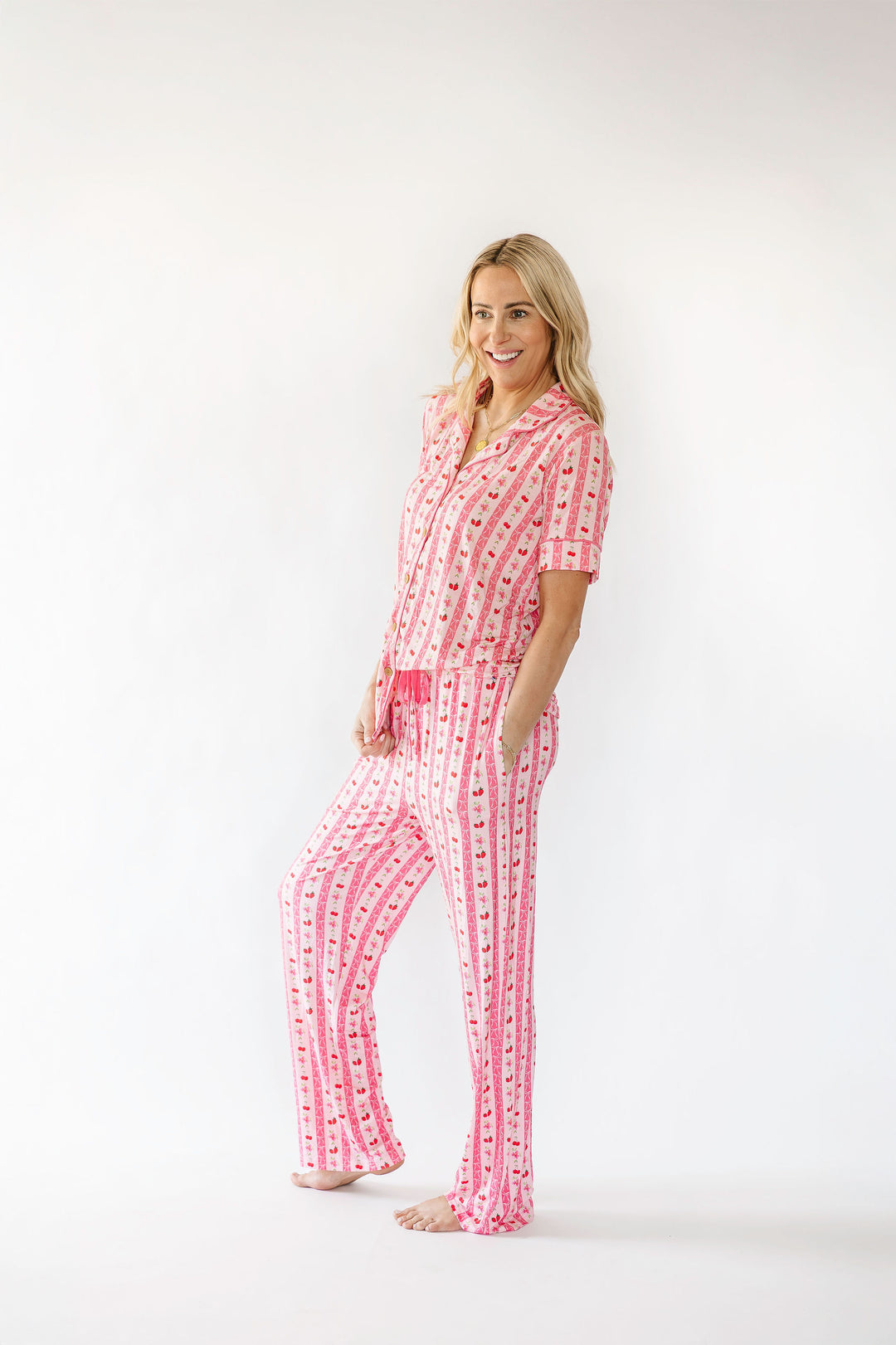 Pink Strawberry & Cherry Bows Adult Button Down Short Sleeve Pajama Top