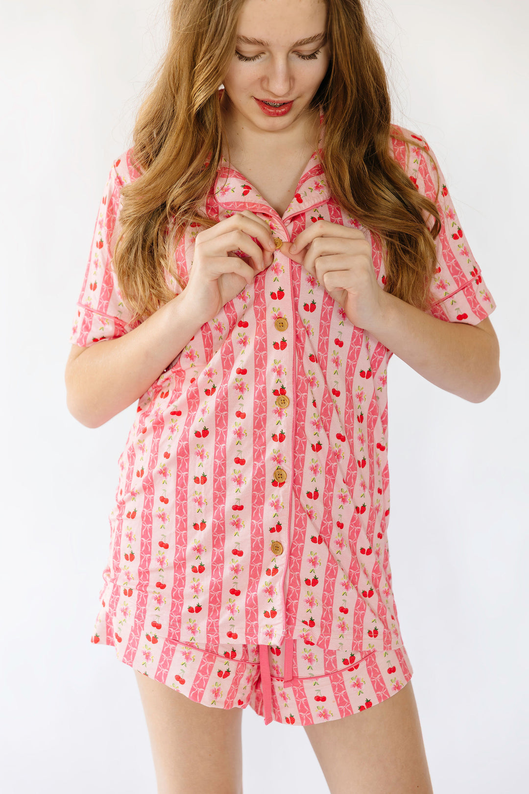 Pink Strawberry & Cherry Bows Adult Button Down Short Sleeve Pajama Top
