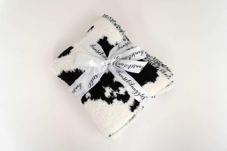 black and white cow print lovey baby blanket